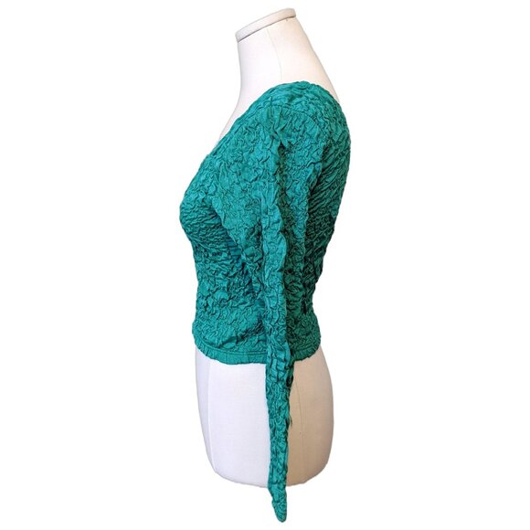 Vintage Y2K Green Teal Bubble Top Long Sleeve Crinkle Stretchy Scoop Neck Sz M - Picture 5 of 7